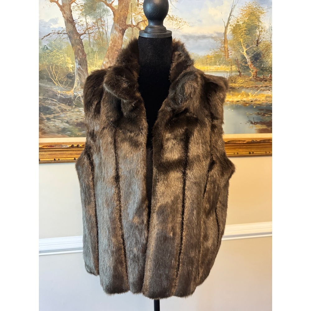 Valerie Stevens Brown Faux Fur Vest Stand Collar Glam Mob Wife Winter Layer L/XL